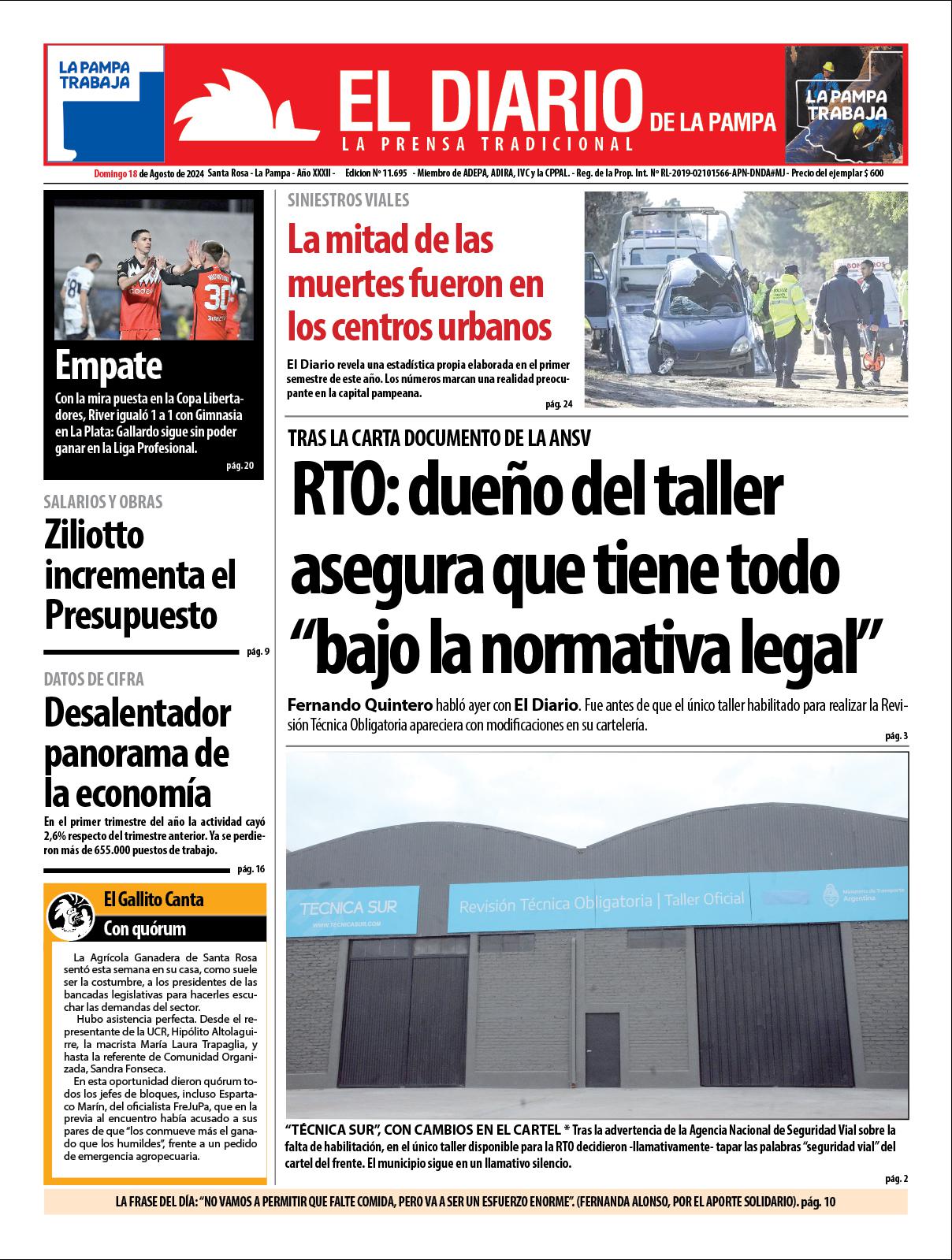 Tapa de El Diario en papel  domingo 18 de agosto de 2024